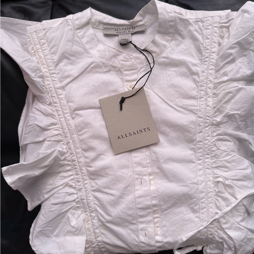 AllSaints White Button-Front Ruffle Collar Top Lulu Shirt Size 4, 100% Cotton